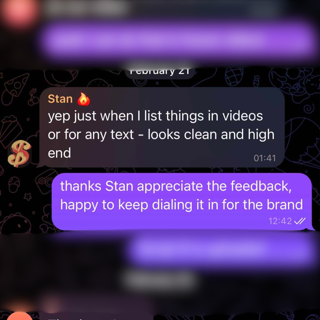 Client chat screenshot: praise for delivered edits (CLIENT_01 / CHAT LOG)
